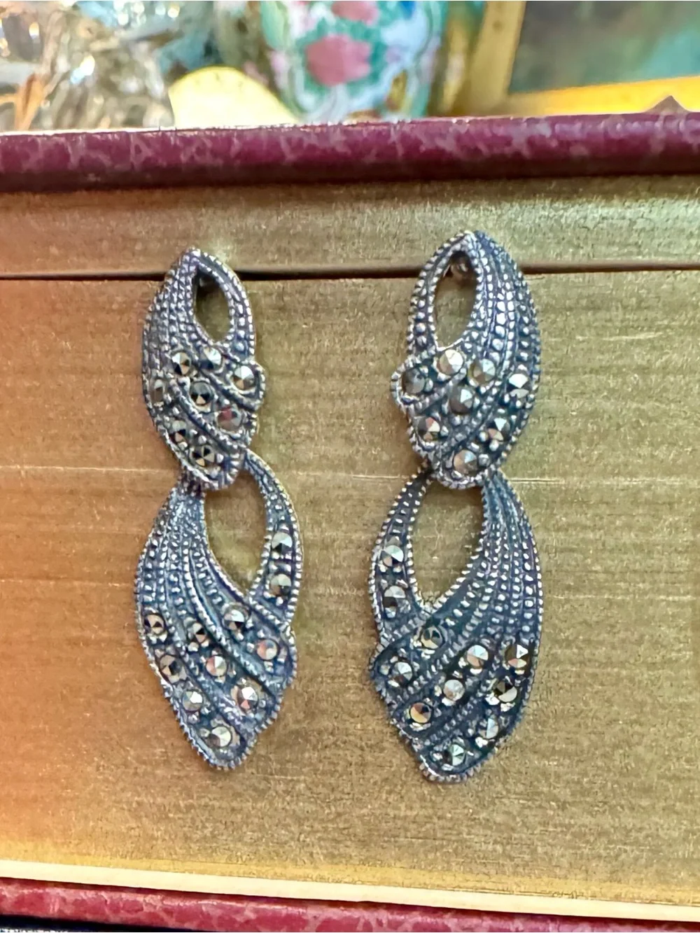 Vintage Sterling Silver Marcasite Drop Earrings